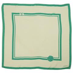Chanel Ivory & Green Silk Chiffon Motif Scarf - 1990's