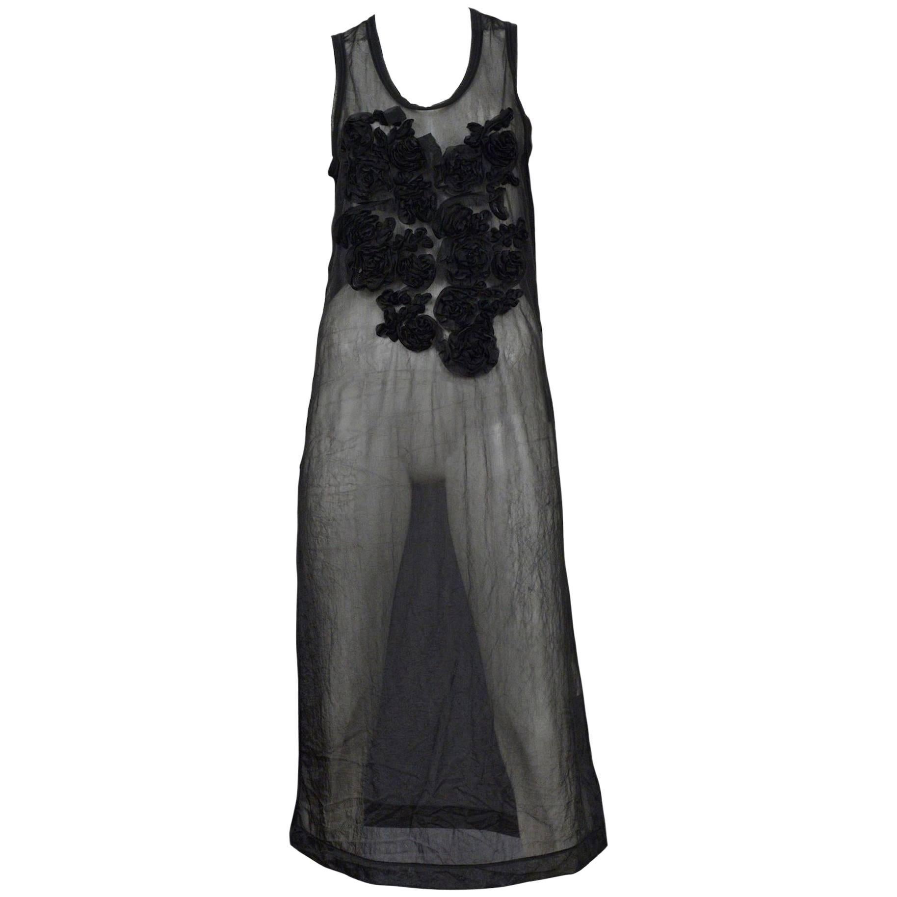 Comme Des Garcons Black Sheer Ruffle Applique Dress 1994