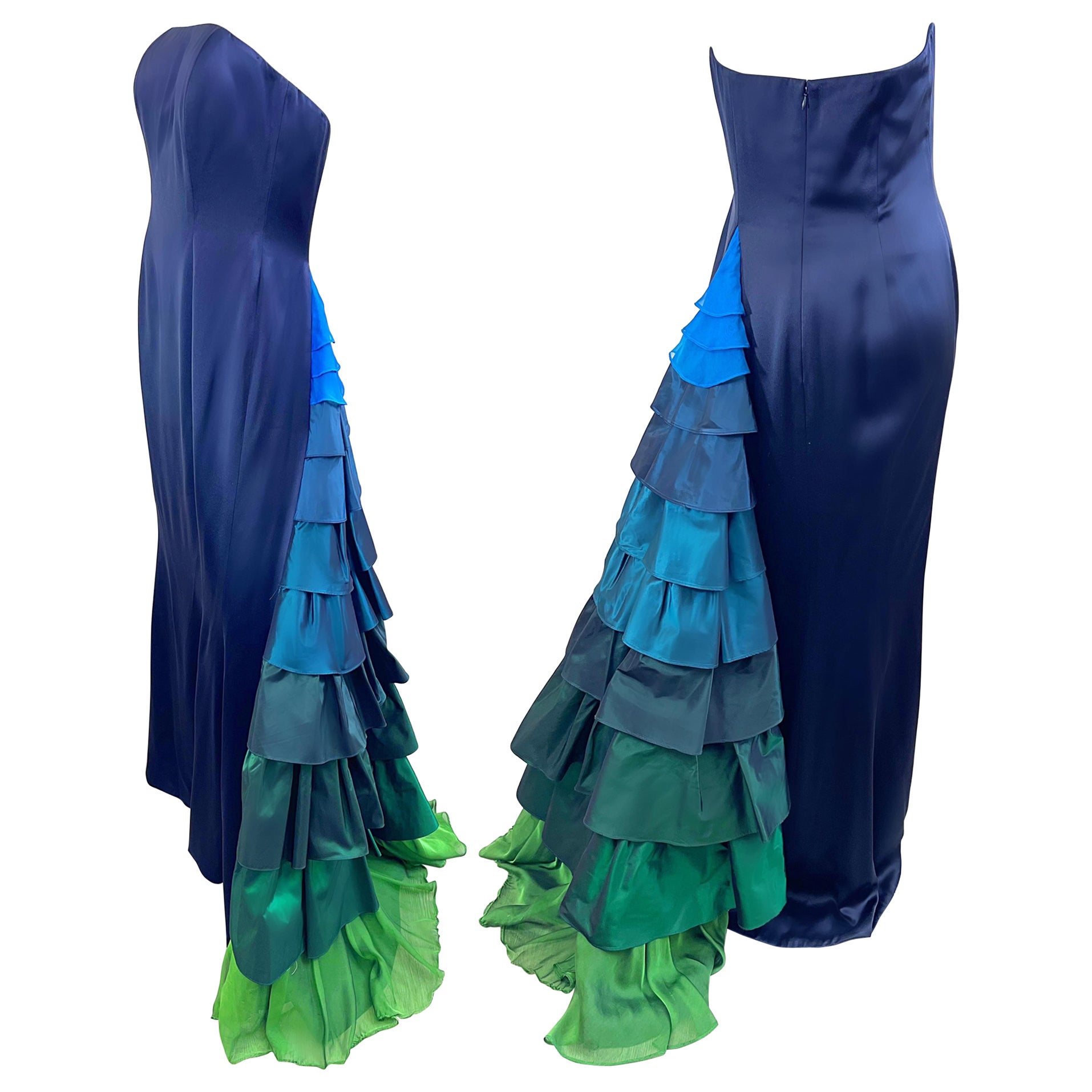 1990s Zang Toi Size 6 Navy Blue Strapless Silk Vintage 90s Flamenco Gown For Sale
