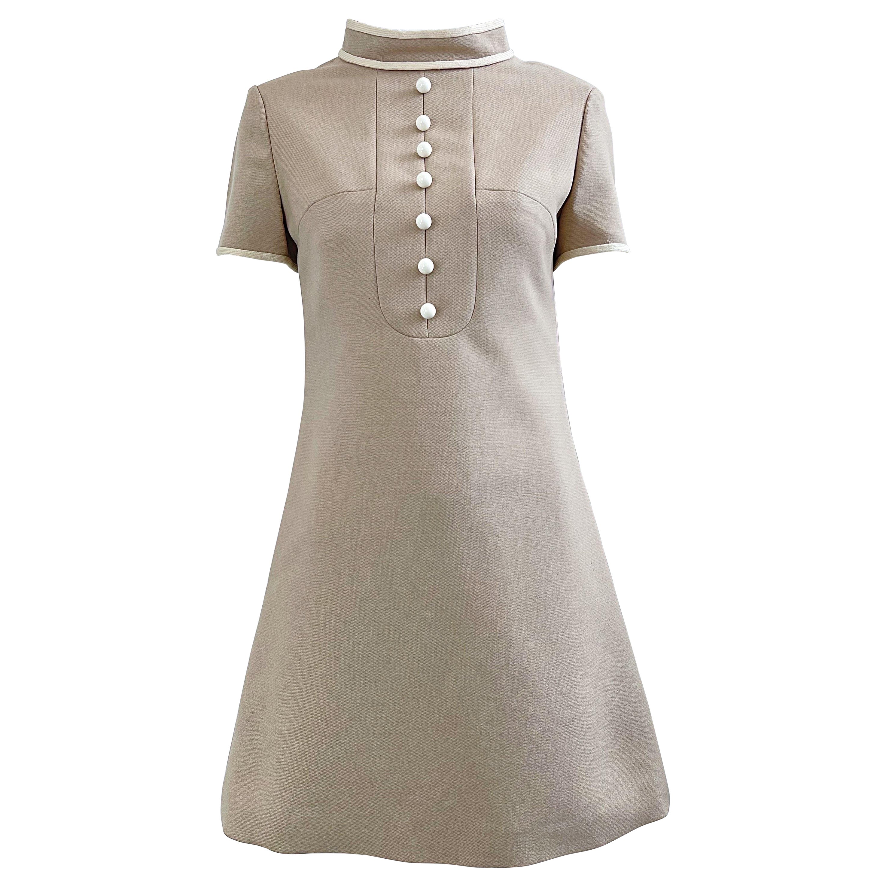 1960s Louis Feraud Khaki Tan Space Age Wool Short Sleeve Vintage A Line Dress For Sale