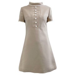 1960s Louis Feraud Khaki Tan Space Age Wool Short Sleeve Vintage A Line Dress