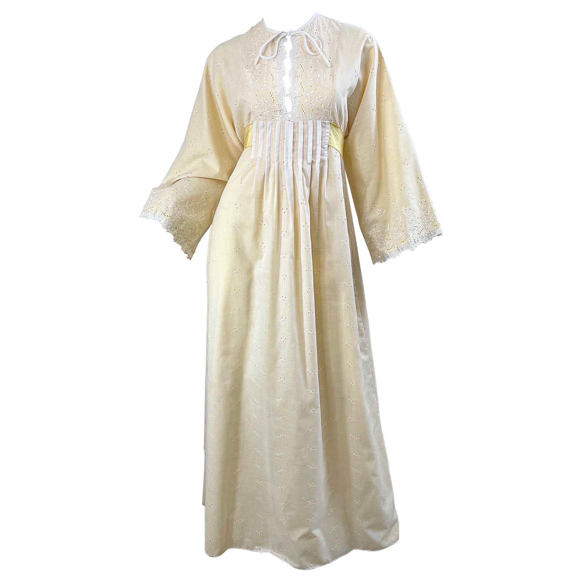 1970s Bill Tice Pale Yellow + White Cotton Eyelet Vintage 70s Maxi Dress For Sale