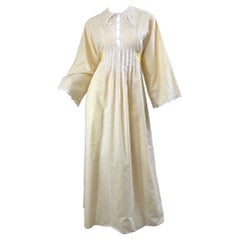 1970s Bill Tice Pale Yellow + White Cotton Eyelet Vintage 70s Maxi Dress