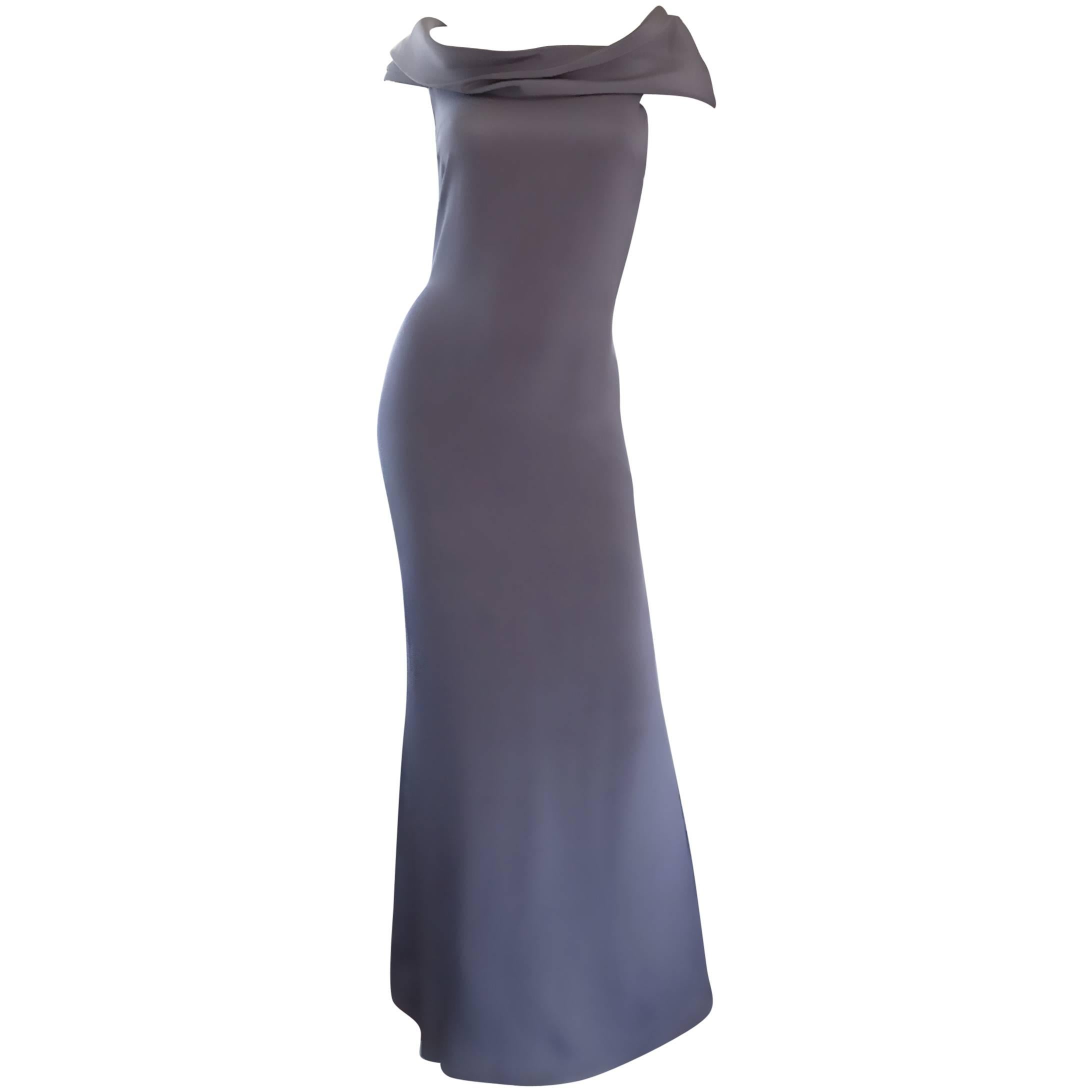 1990s Bill Blass Vintage French Dove Gray Off Shoulder Silk Jersey Evening Gown For Sale