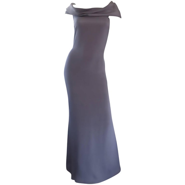 1990s Bill Blass Vintage French Dove Gray Off Shoulder Silk Jersey Evening  Gown For Sale at 1stDibs | blass off