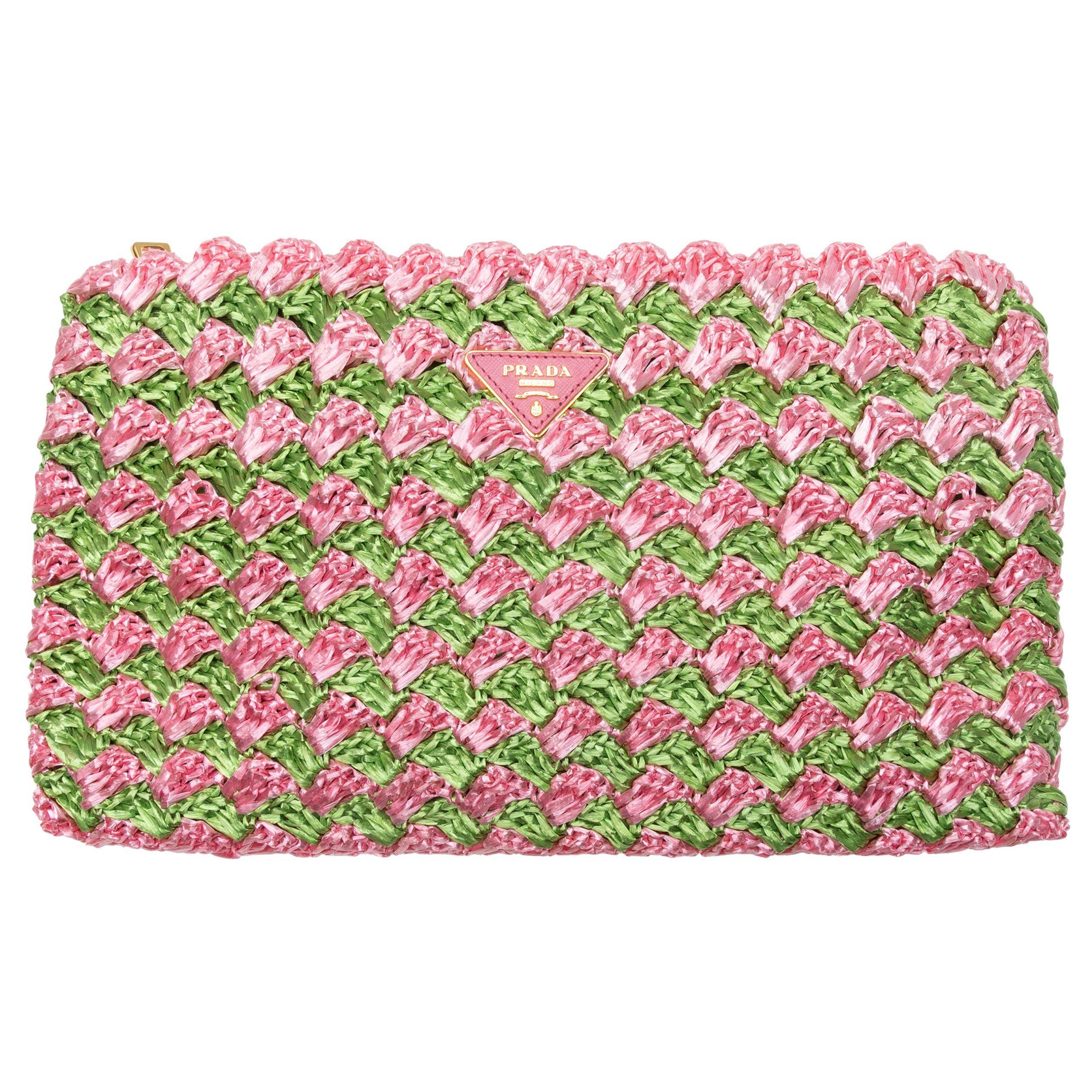 Prada Pink & Green Raffia Woven Clutch