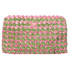 Prada Pink & Green Raffia Woven Clutch