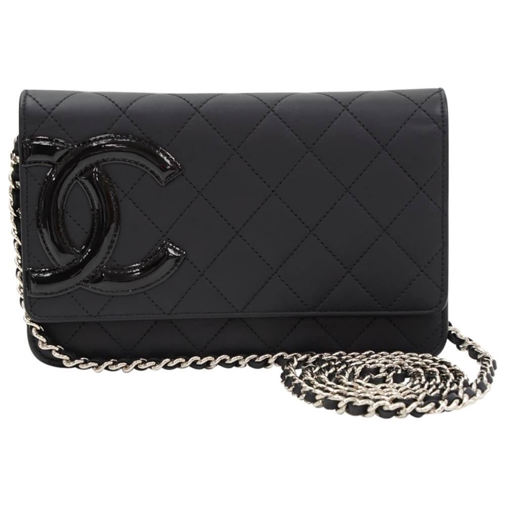 Chanel Cambon Black Quilted Leather Wallet On Long Shoulder Chain
