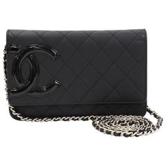 Vintage Chanel Cambon Black Quilted Leather Wallet On Long Shoulder Chain