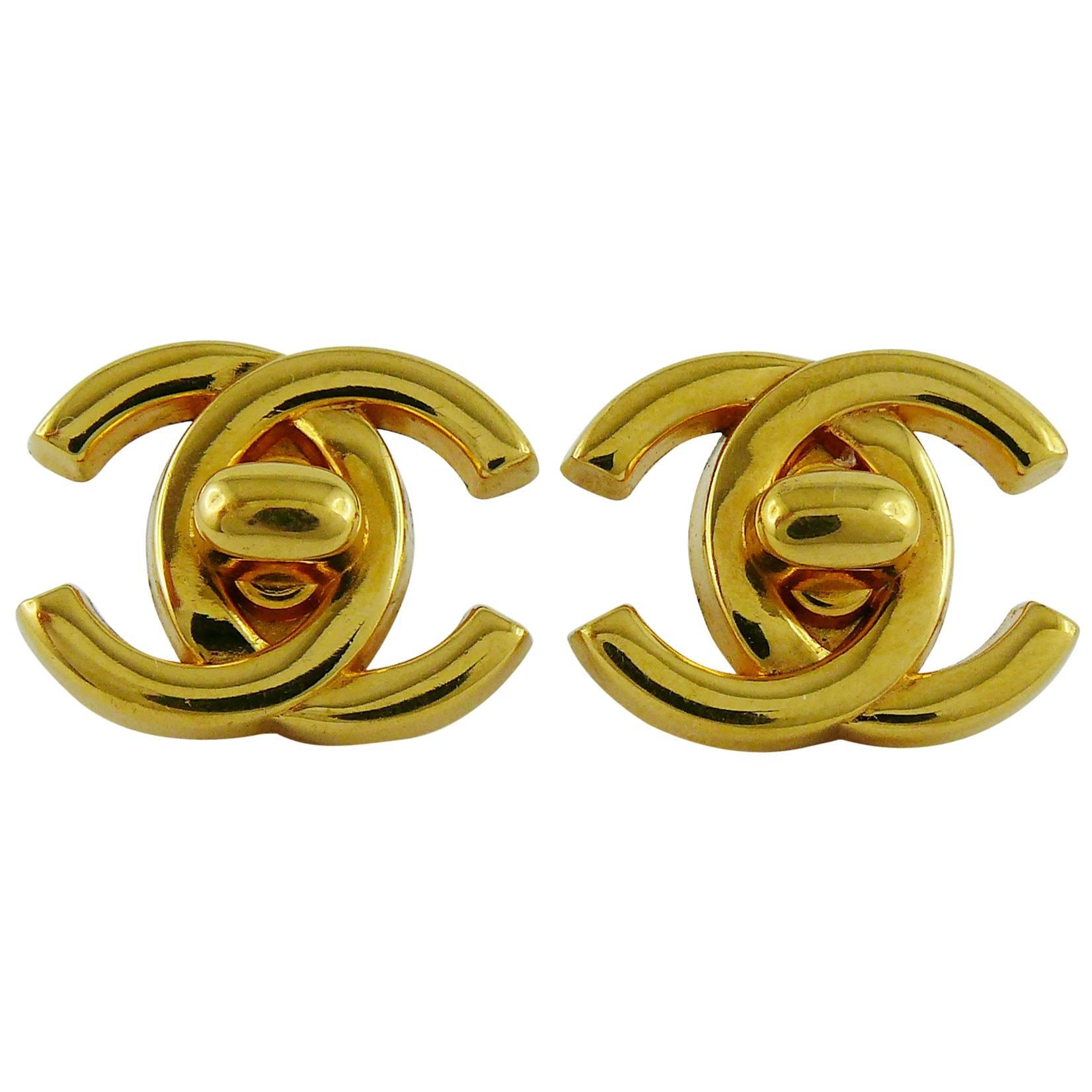 Chanel Vintage Gold Toned Turn Lock Clip-On Earrings Spring/Summer 1996