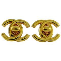 Chanel Vintage Gold Toned Turn Lock Clip-On Earrings Spring/Summer 1996