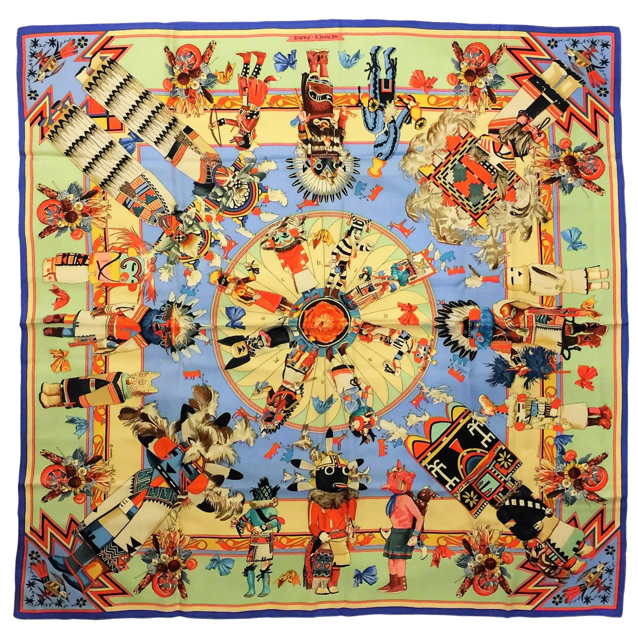 Hermes Paris 100% Rare Vintage Silk Scarf ‘Kachinas’ by Kermit Oliver.