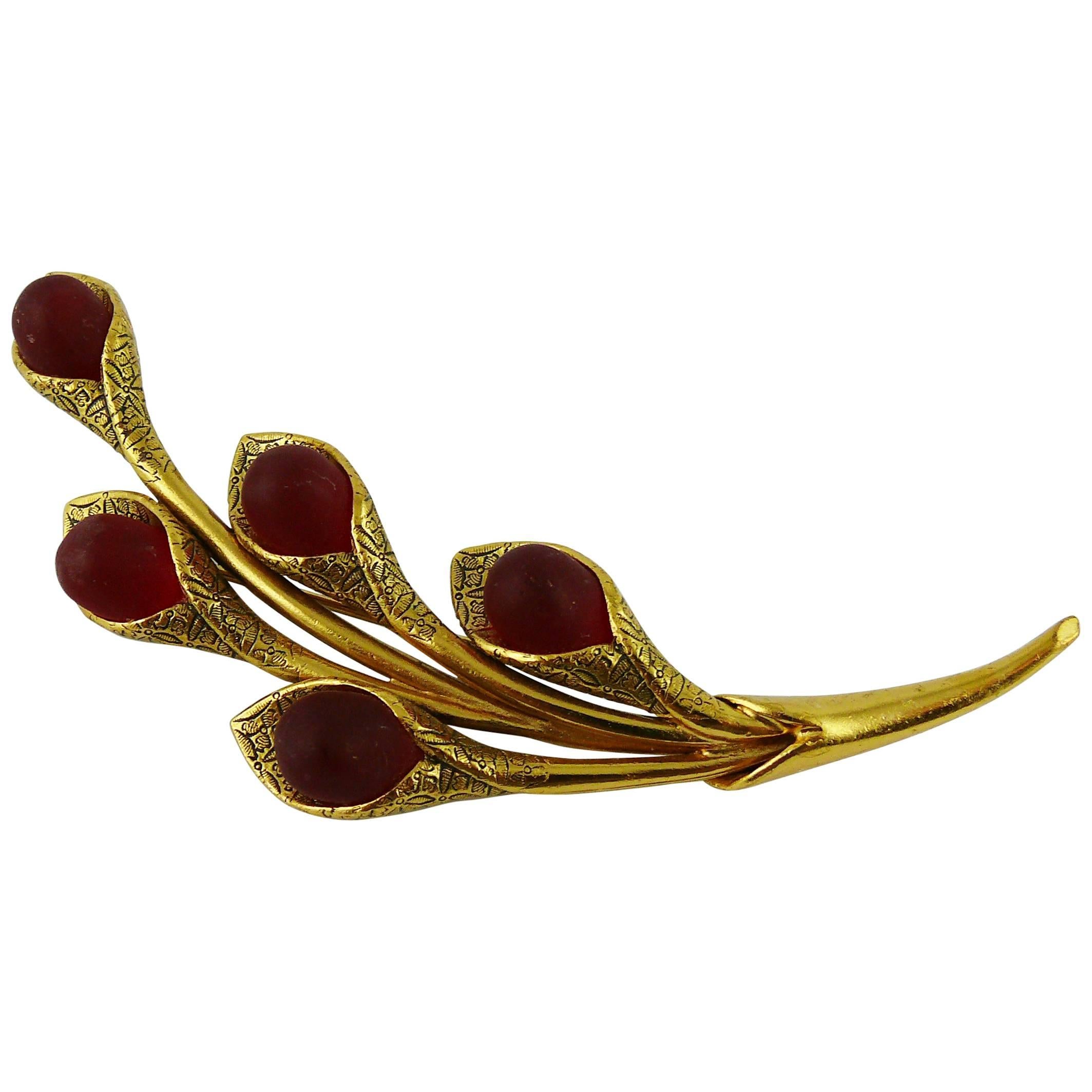 Kenzo Vintage Gold Toned and Red Glass Cabochons Floral Brooch For Sale