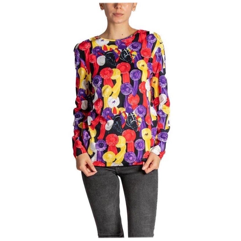 1990S Escada Cotton Deadstock Equestrian Print Long Sleeved Top For Sale