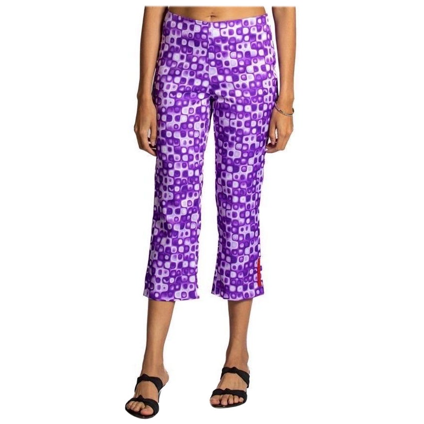 2000S PRADA Pantalon en coton mélangé violet et blanc à imprimé géo psychédélique en vente
