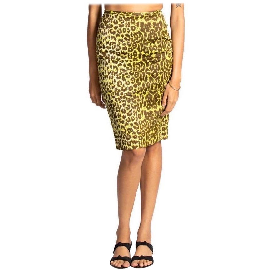 1990S Lime Green Leopard Print Cotton Sateen Pencil Skirt For Sale