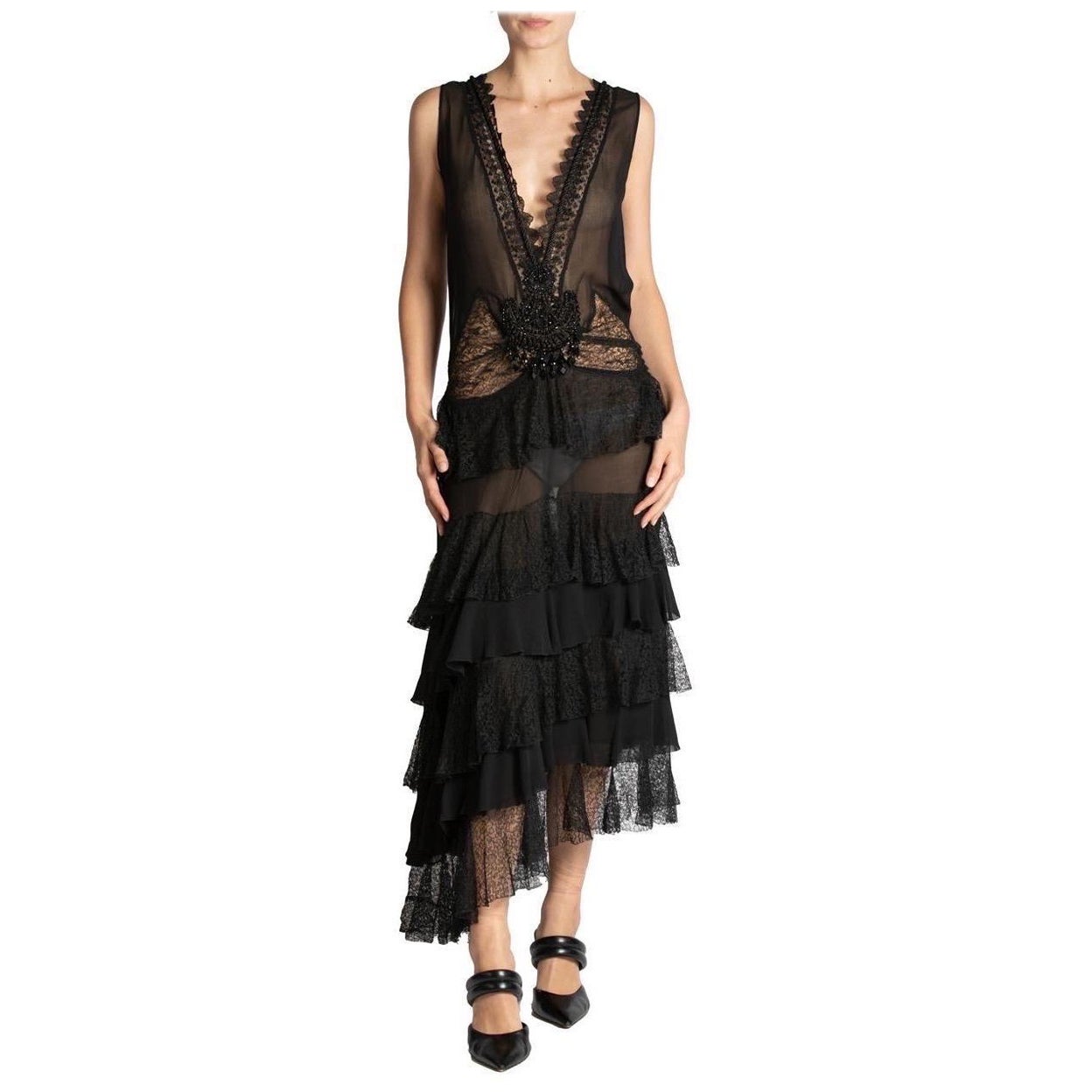 MORPHEW ATELIER Black Low Cut Silk Chiffon & Lace Ruffled Dress With Victorian  For Sale