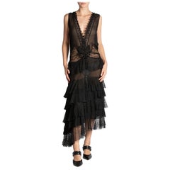 MORPHEW ATELIER Black Low Cut Silk Chiffon & Lace Ruffled Dress With Victorian 