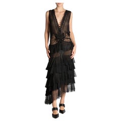 MORPHEW ATELIER Vestido negro de corte bajo de gasa de seda y encaje con volantes victorianos