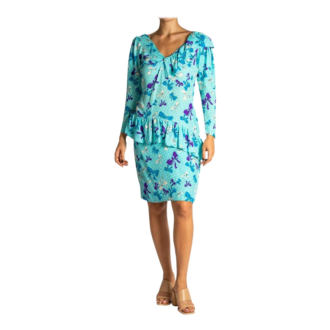 1980S YVES SAINT LAURENT Aqua Blue Silk Bow Print Dress With Ruffles For Sale