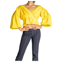 1970S LANVIN Canary Yellow Crisp Cotton Blouse With Full Bare Shoulder Sleeves