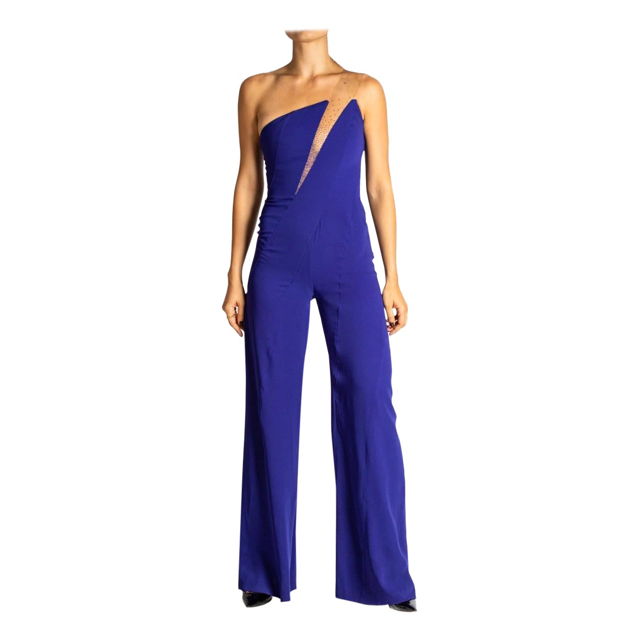 1990S THIERRY MUGLER Cobalt Blue Rayon Blend Jumpsuit With Beaded Clear Vinyl S For Sale
