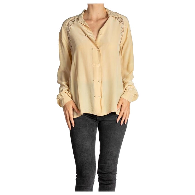 1970S Cream Silk Crepe De Chine Couture Finished Blouse With Hand-Made ...