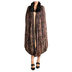 Antique 1920S Purple & Black Paisley Silk Velvet Satin Reversible Evening Cape