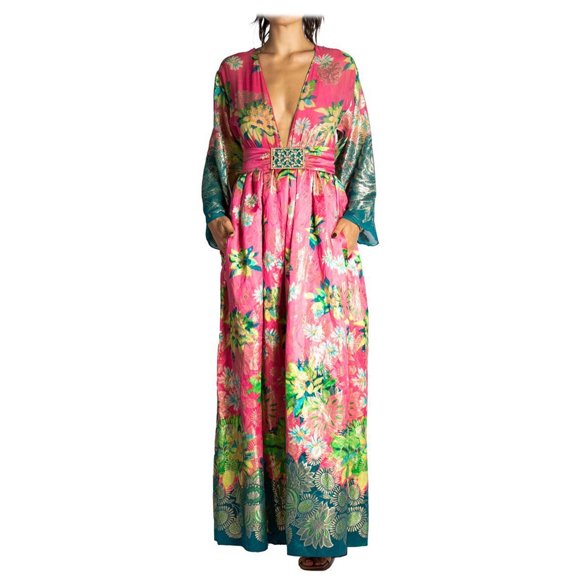 1960S OSCAR DE LA RENTA Pink Floral Silk & Lurex Gown With Pockets For Sale