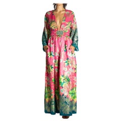 1960S OSCAR DE LA RENTA Pink Floral Silk & Lurex Gown With Pockets