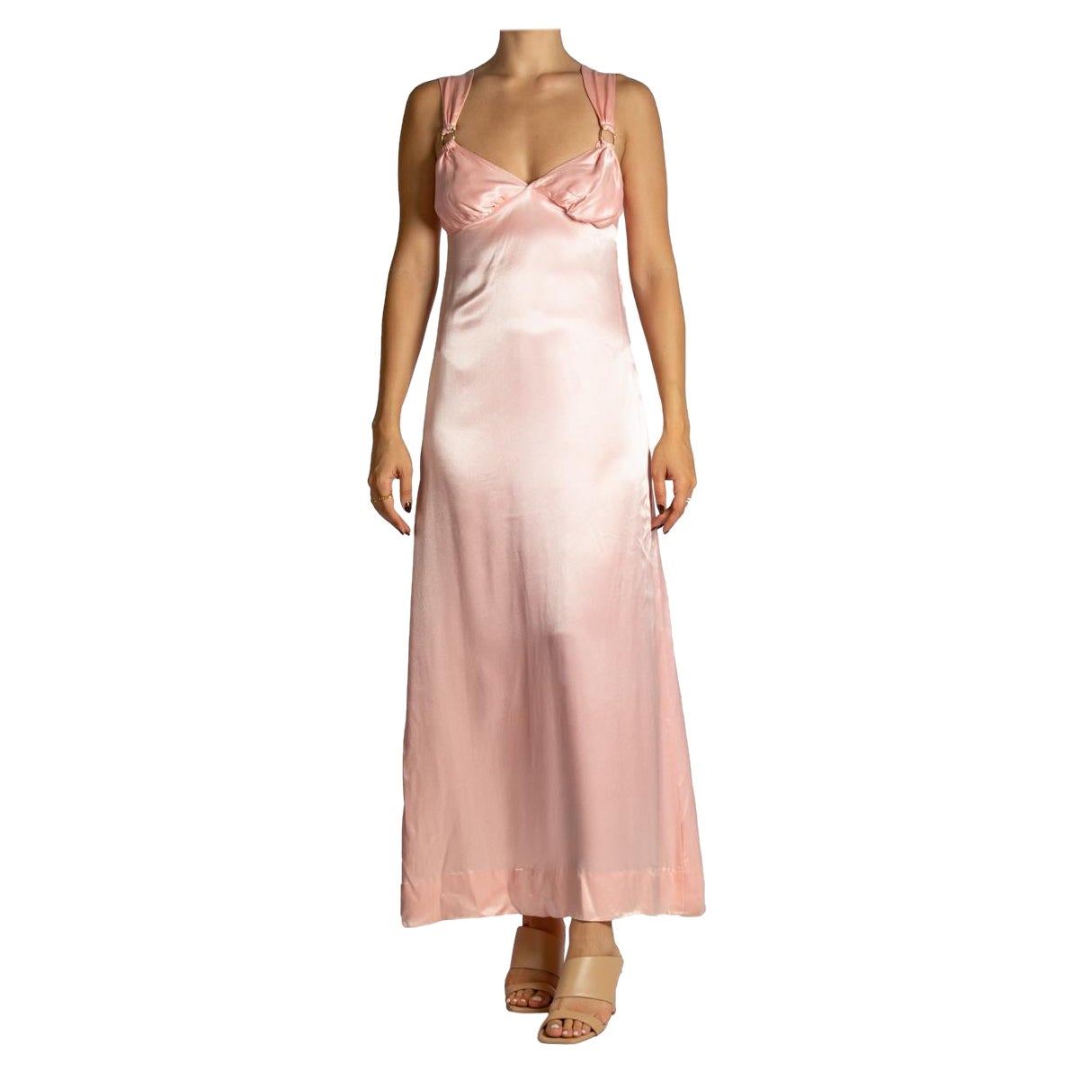 1970S Bubble Gum Pink Silk Satin Gown With Rhinestone Detail At Straps For Sale