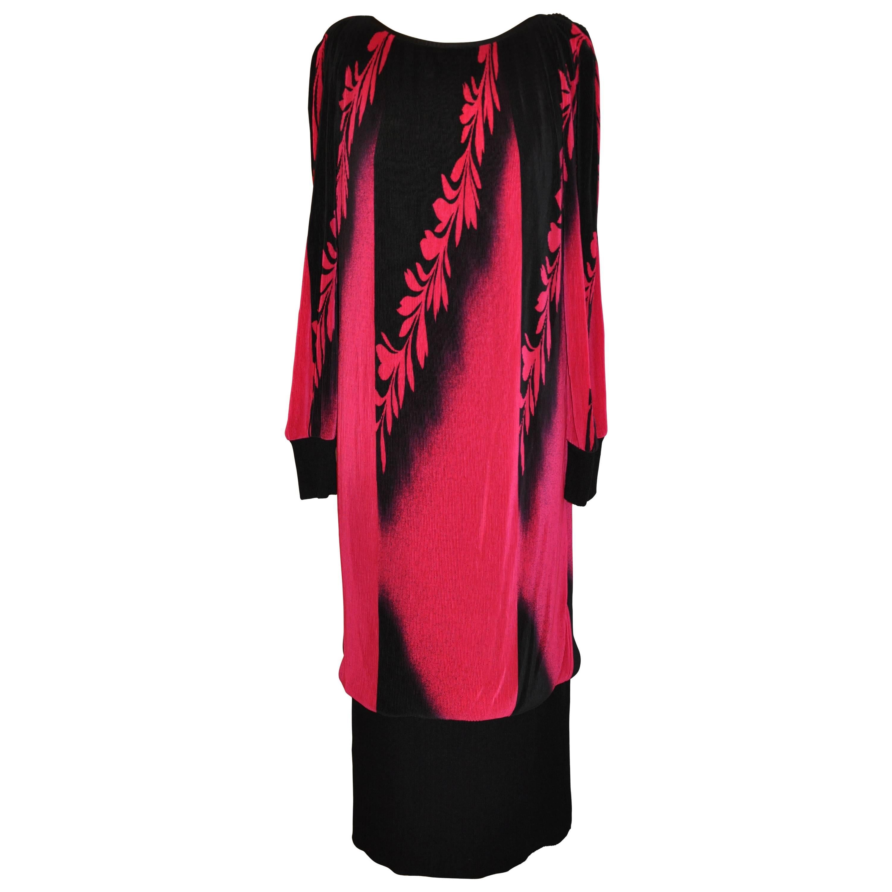 Virginie (Paris) Bold Fuchsia & Black Boatneck Accordian Dress with Self Tie Bel