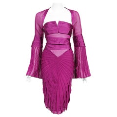 Vintage 2004 Gucci by Tom Ford Pleated Purple Silk Bell Sleeve Cut-Out Dress