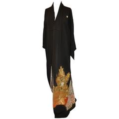 Retro Japanese Black Silk "Metallic Gold Leave" Double Silk Lining Kimono