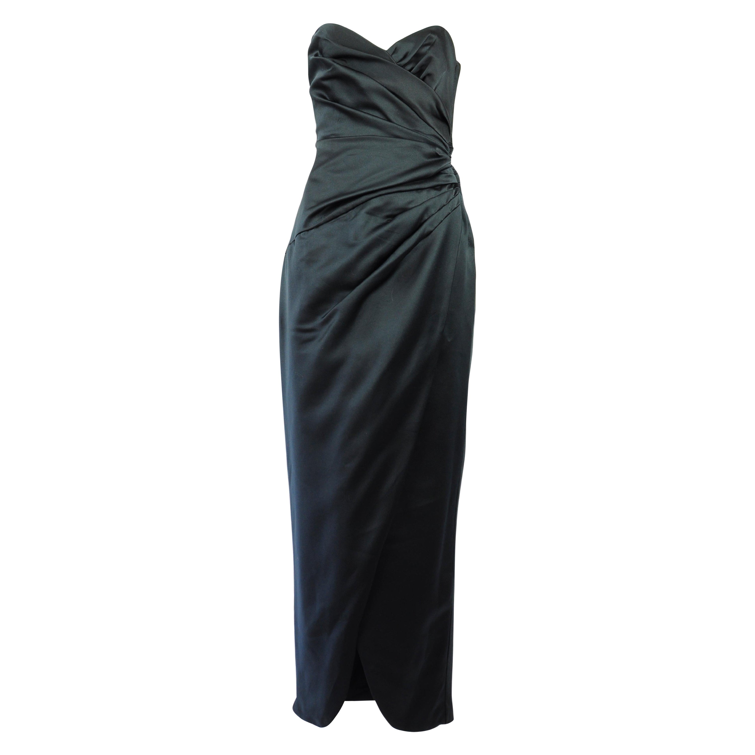 Victor Costa Black Dress Strapless Structured Draped Satin 1980s For Sale