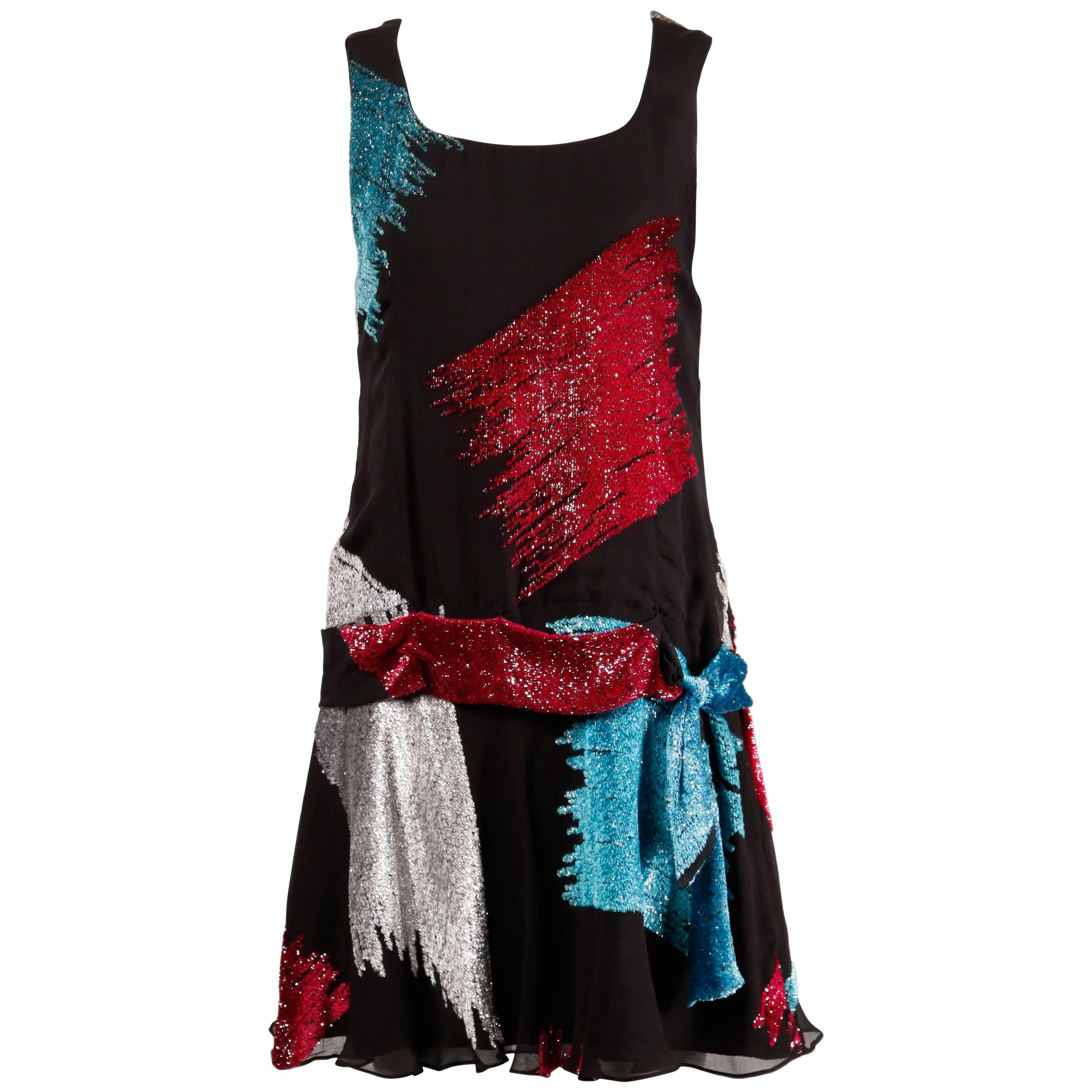 The Silk Farm by Icinoo Vintage 1980s Drop Waist Metallic Burnout Flapper Dress