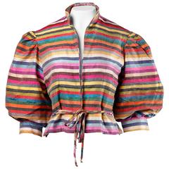 Tally Boutique Vintage Rainbow Striped Raw Silk Jacket with Balloon Sleeves