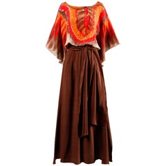 1970s I. Magnin Vintage Hand Painted Silk Tribal Print Maxi Dress with Sash