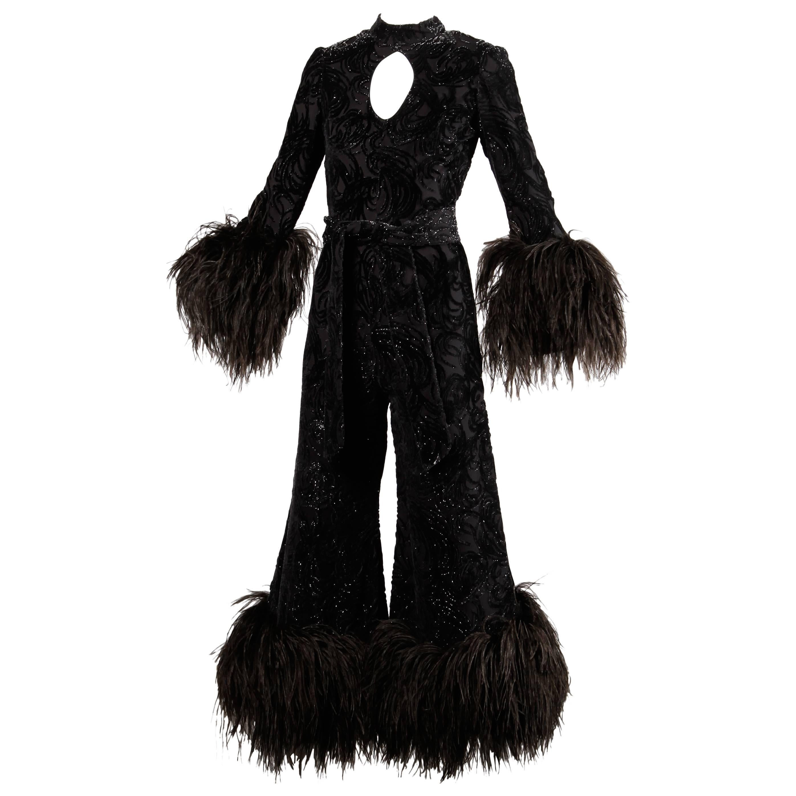 1970s Lillie Rubin Metallic Burnout Velvet Jumpsuit with Ostrich Feather Trim