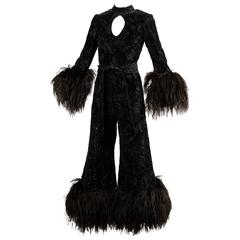 Vintage 1970s Lillie Rubin Metallic Burnout Velvet Jumpsuit with Ostrich Feather Trim