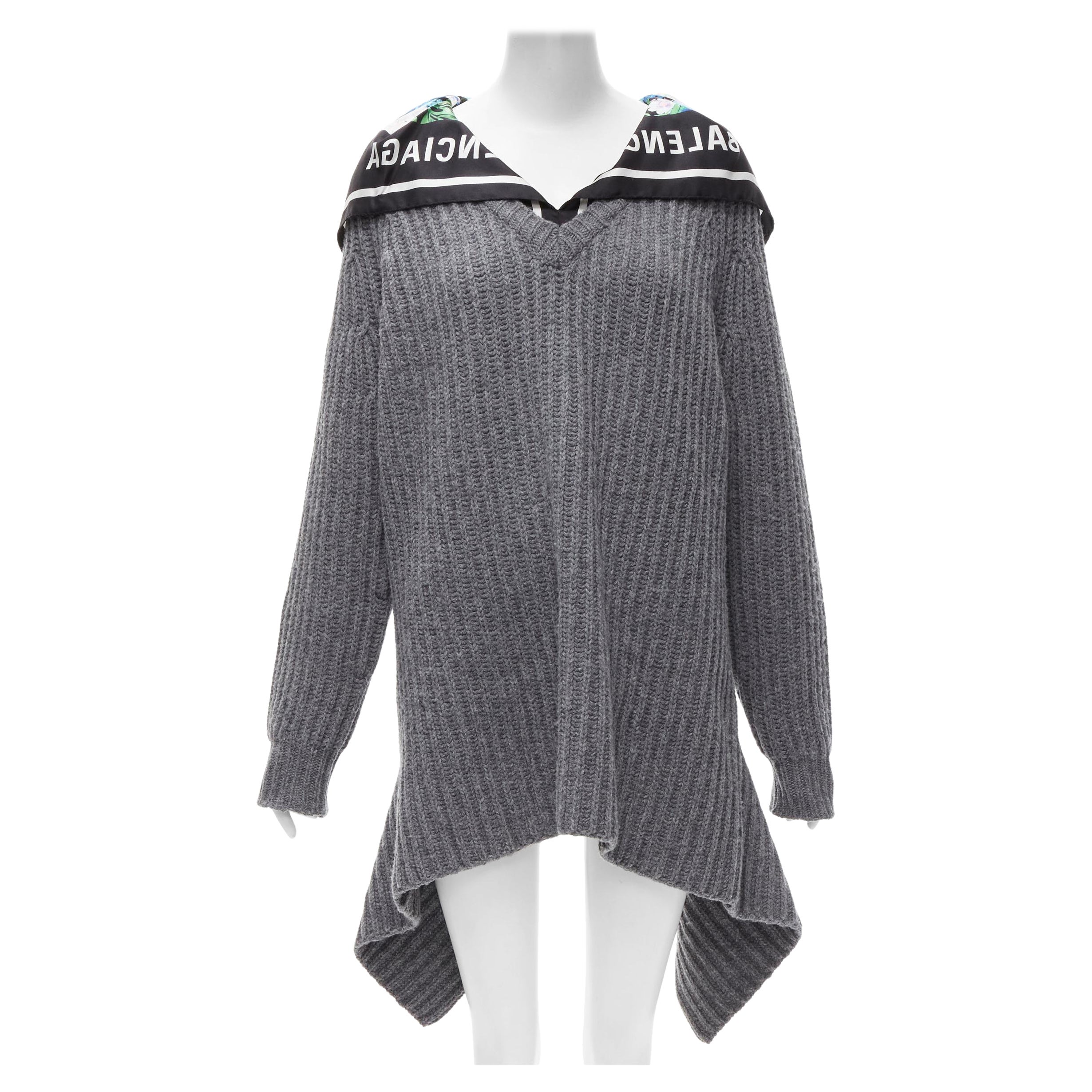 BALENCIAGA 2018 Demna grey wool silk scarf collar detached hem sweater FR34 XS For Sale