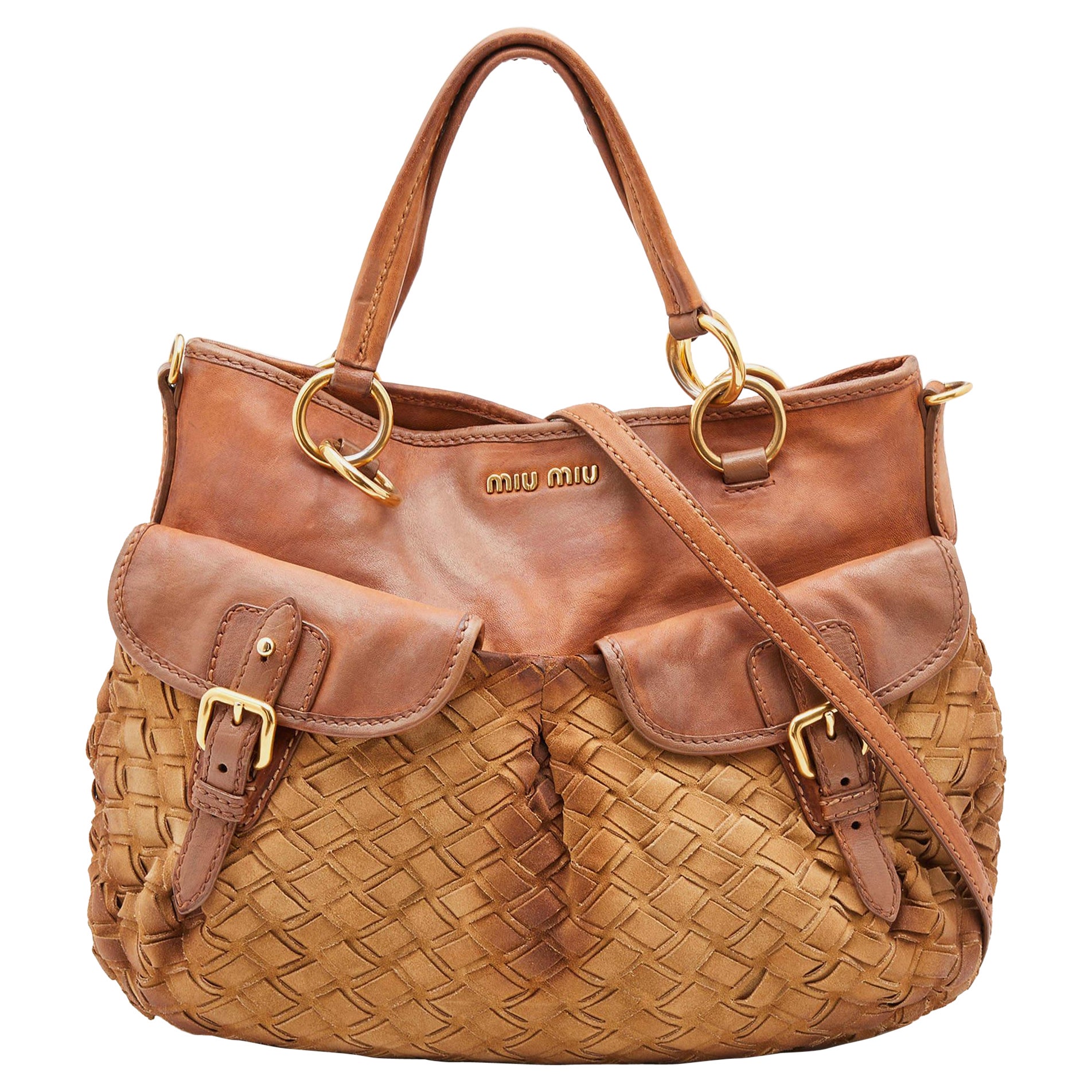 Miu Miu Brown Woven Suede and Leather Satchel For Sale
