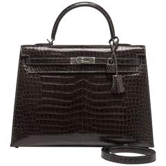 Hermes Graphite Shiny Porosus Crocodile Kelly Sellier 35cm