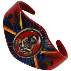 Antique 1920's Egyptian Revival Colorful Novelty Motif Carved Celluloid Cuff Bracelet  