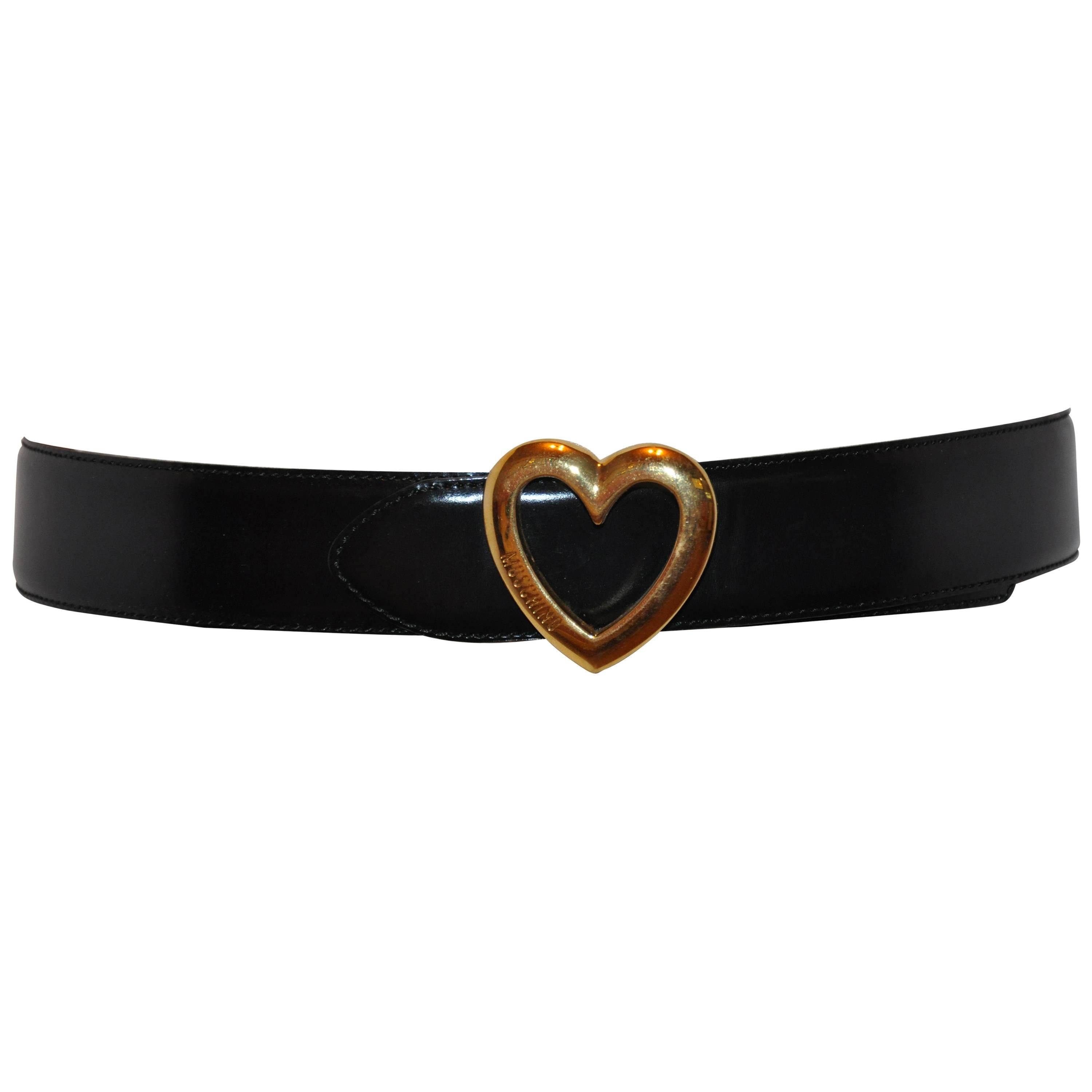 Moschino Black Calfskin with Gilded Gold "Heart" Buckle Adjustable Belt For Sale