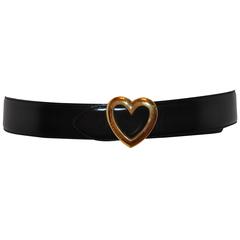 Moschino Black Calfskin with Gilded Gold "Heart" Buckle Adjustable Belt