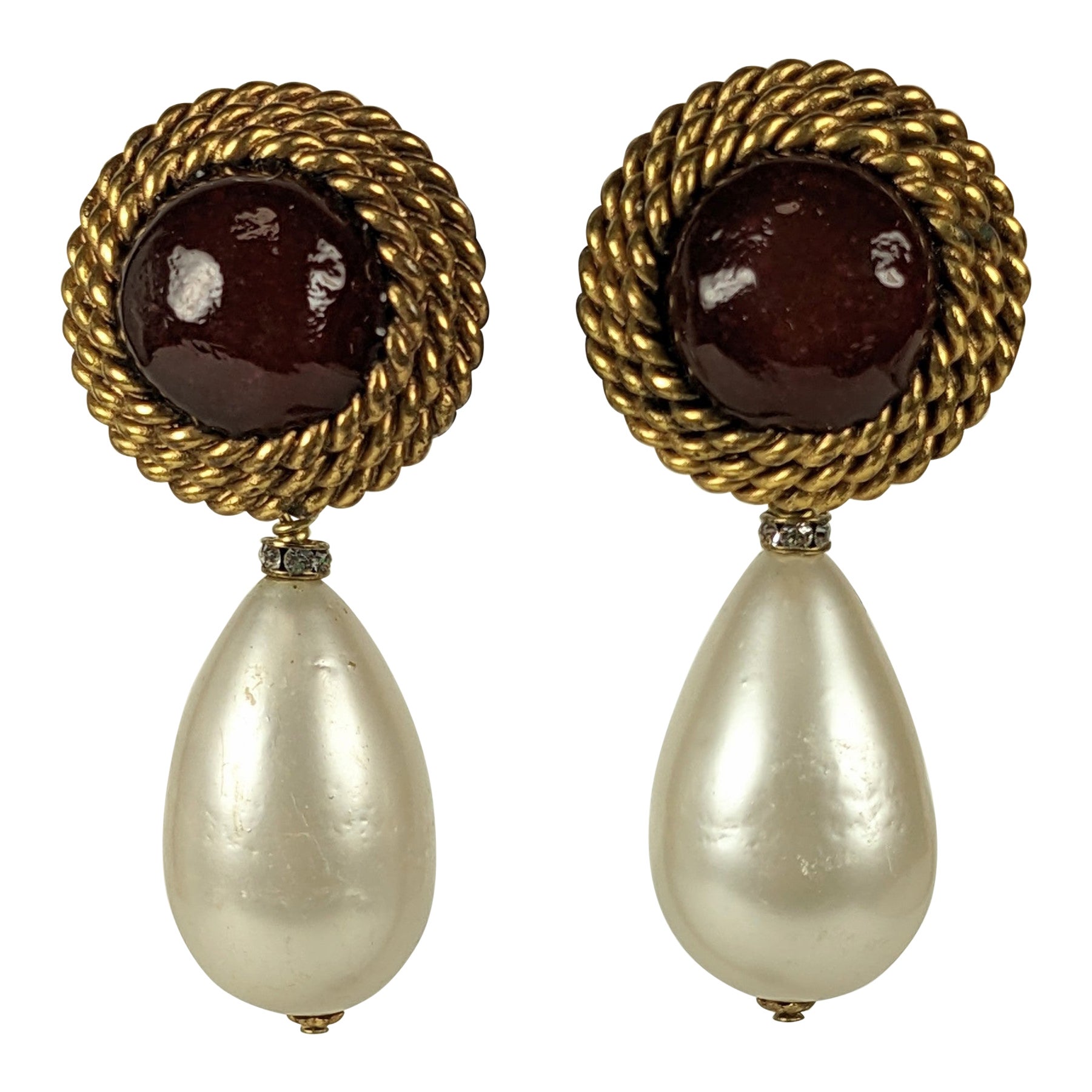 Chanel Maison Gripoix Ruby Pate de Verre and Faux Pearl Earrings For Sale