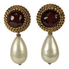 Vintage Chanel Maison Gripoix Ruby Pate de Verre and Faux Pearl Earrings