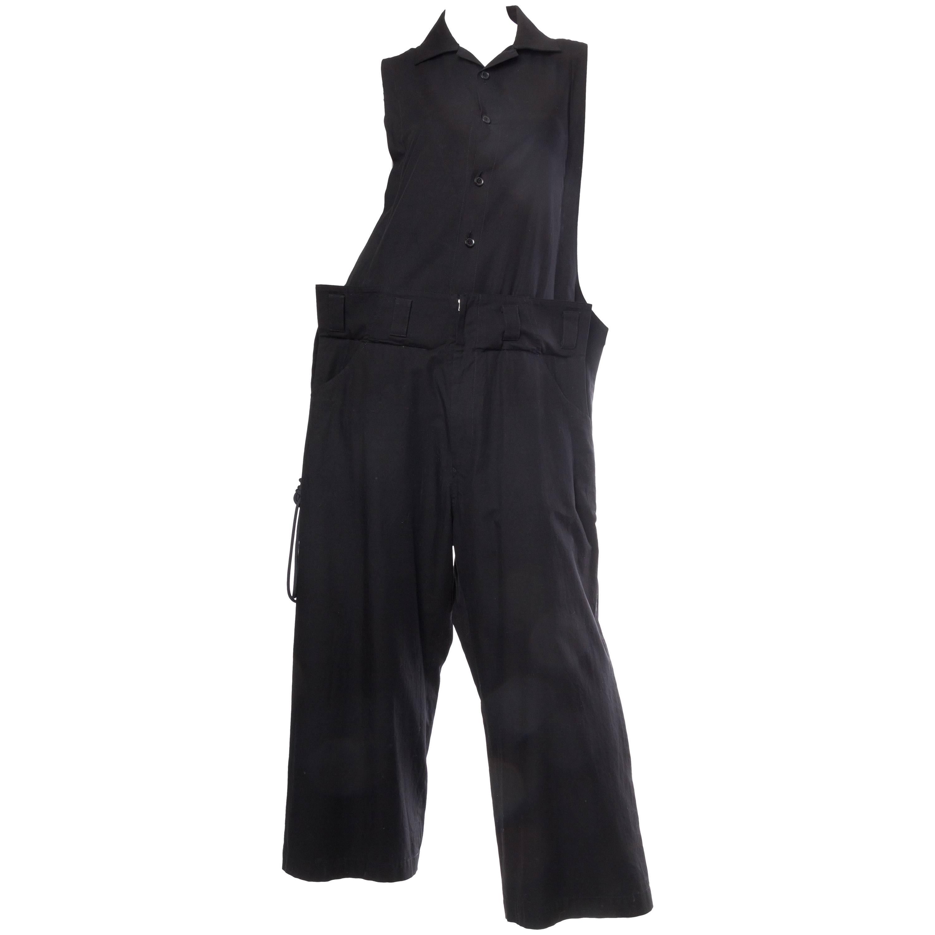 1990S YOHJI YAMAMOTO Black Cotton Unisex Oversized Jumpsuit With Lacing Up Sides For Sale