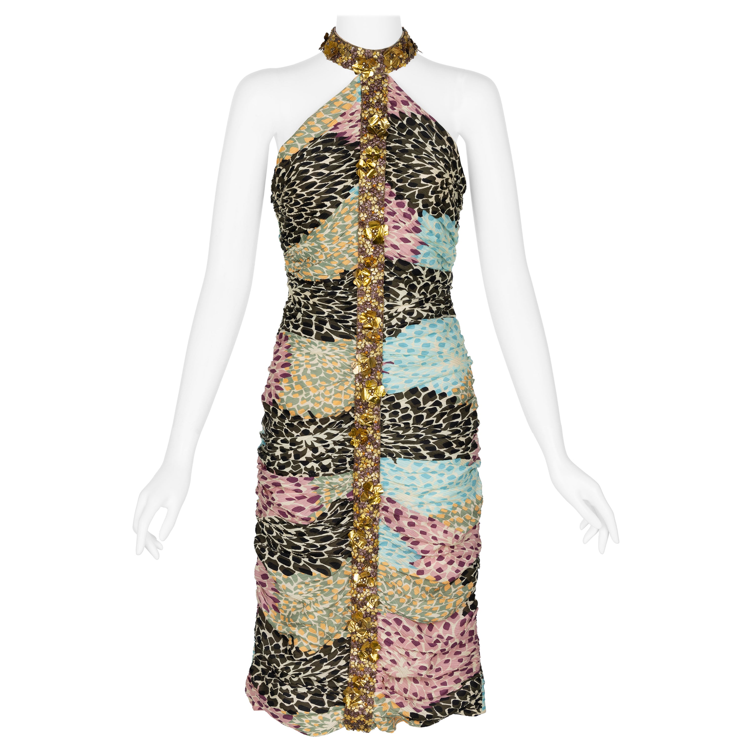 Missoni Embellished Silk Print Halter Dress F/W 2005 For Sale